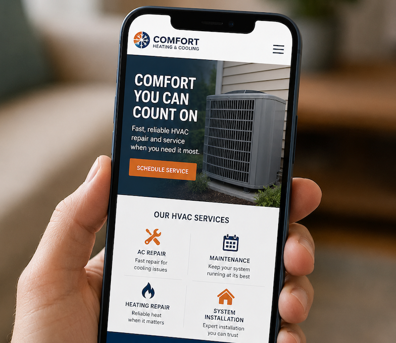 person looking at HVAC company website on a smartphone