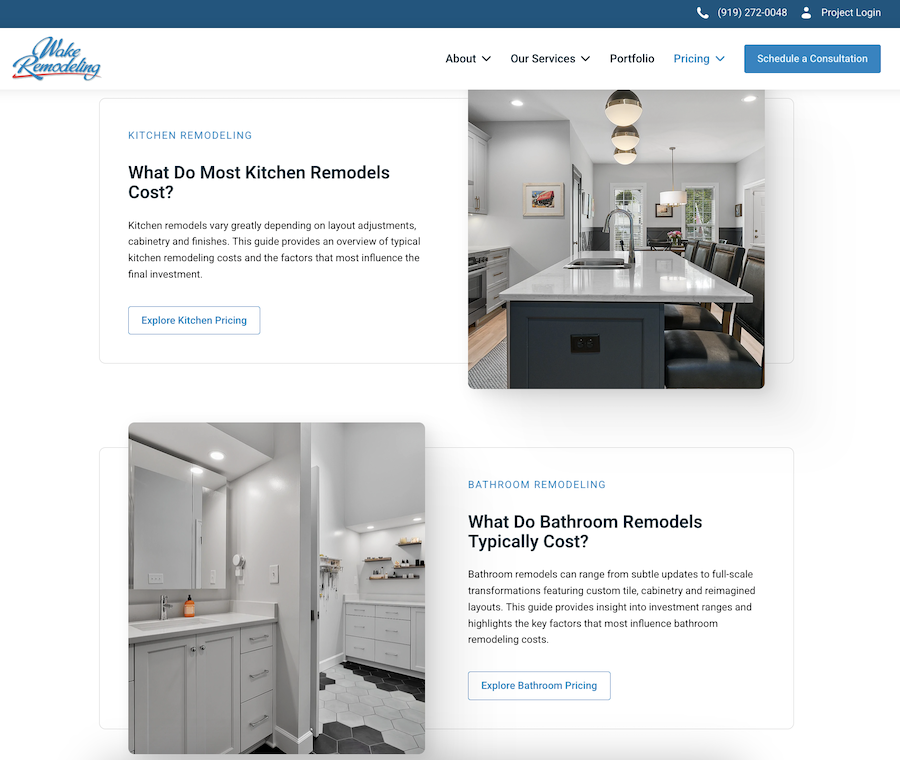 home remodeling website example pricing page