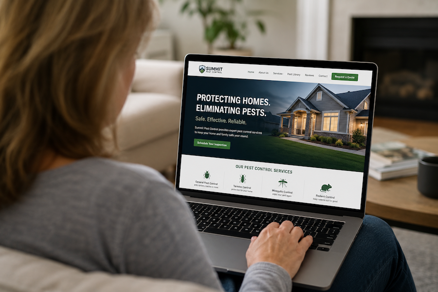 woman looking at pest control companies websites