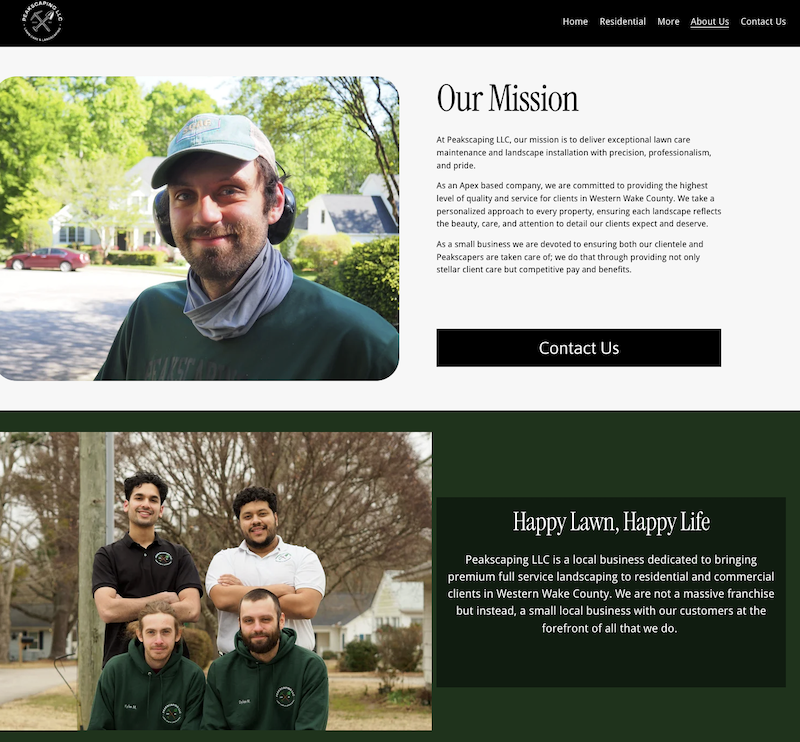 cary north carolina landscaping website example about us page