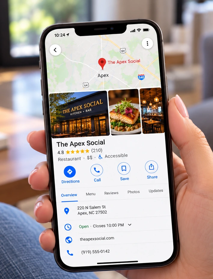 person searching online for restaurants in Apex, NC on mobile device