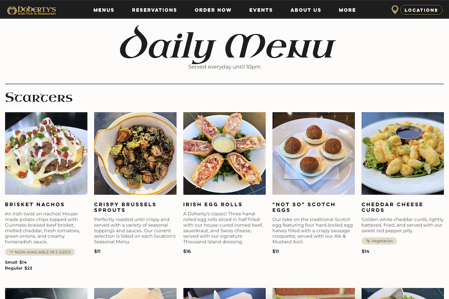 restaurant website menu example