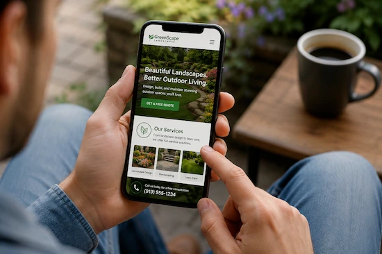 landscaping websites in apex and cary north carolina small-converted-from-png person in Apex, NC looking at landscaping website on mobile device