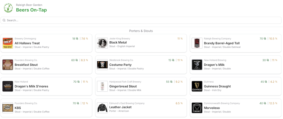 brewery website beer list menu example